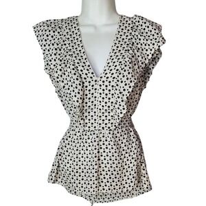 MAX STUDIO Polka Dot Ruffle Tie Waist V Neck Blouse Top Womens Size S